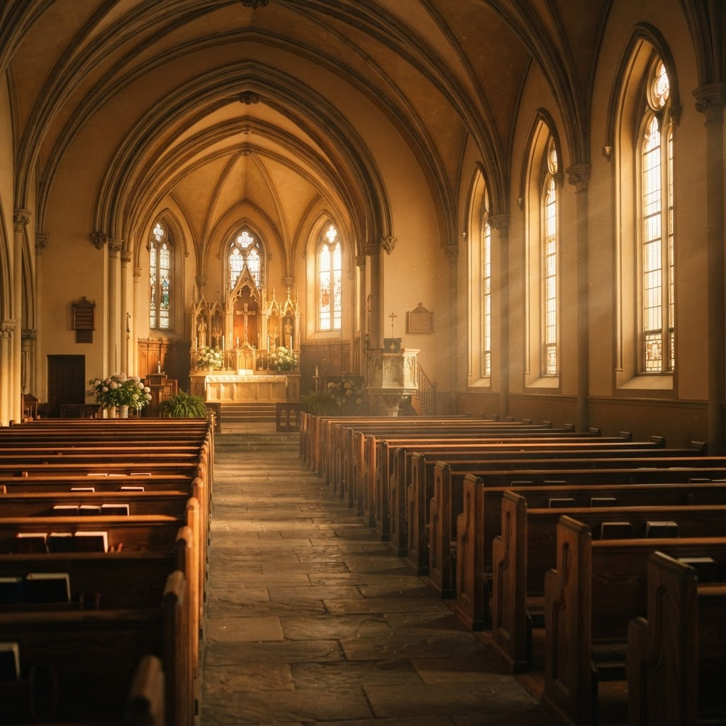 Sunlight streaming through the windows of a quiet church sanctuary